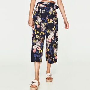 Zara floral tie waist culottes S